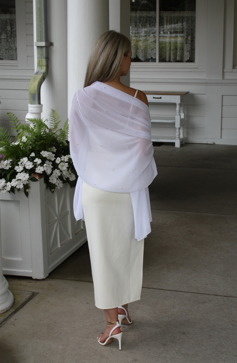 white shawl with pearls