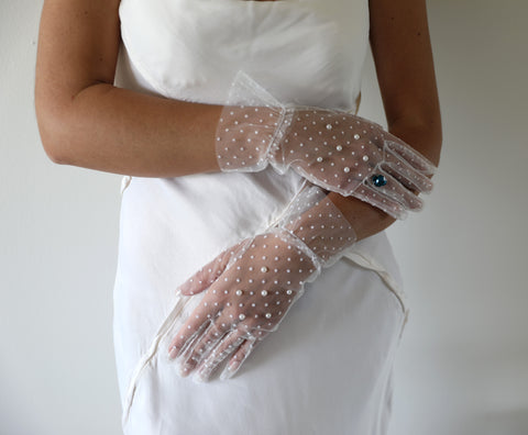 Polka Dot Gloves with a Blue Stone