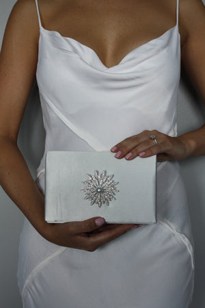 Silver Satin Crystal Clutch