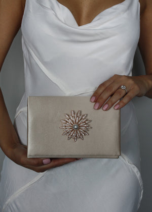 Champagne Satin Crystal Clutch