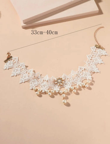 White Lace Choker with Pearls
