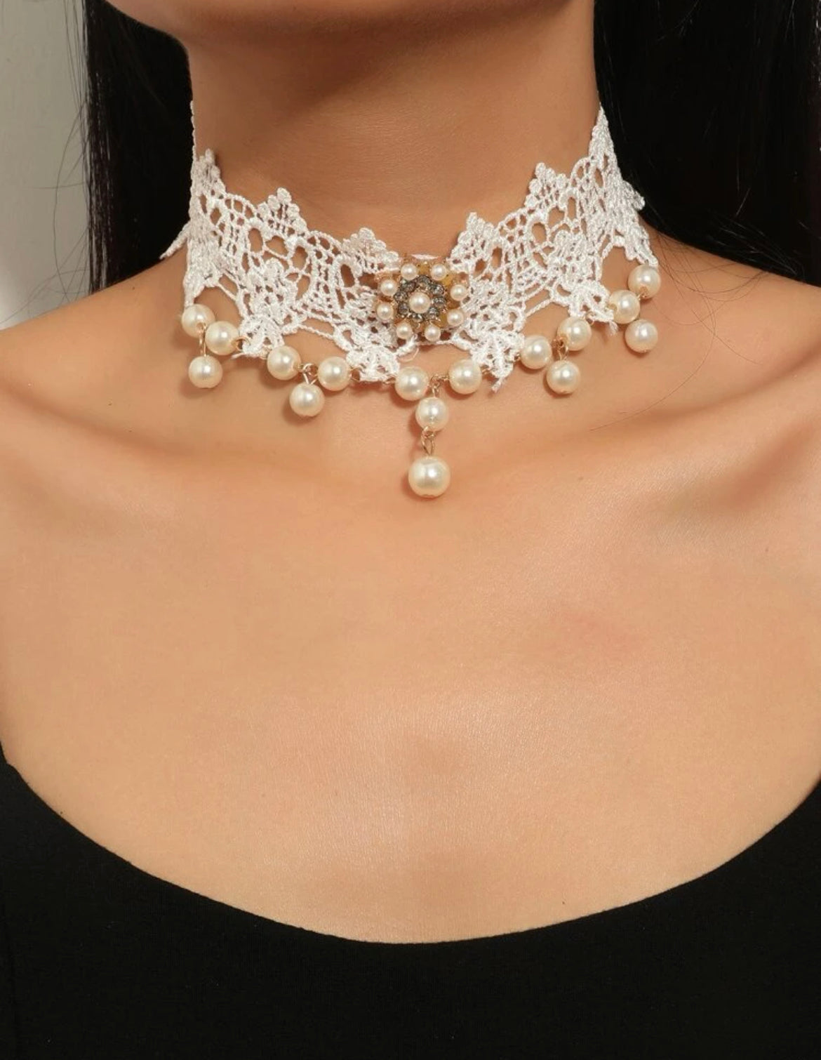Wide Lace Choker with Pearls – PolliAmore