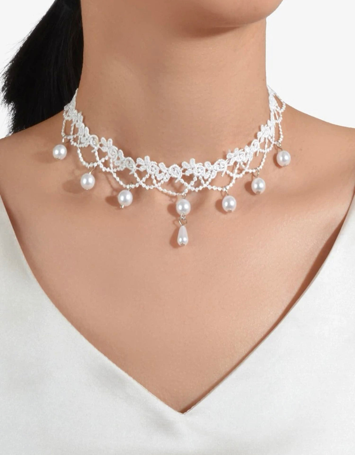 White Lace Choker with Pearls
